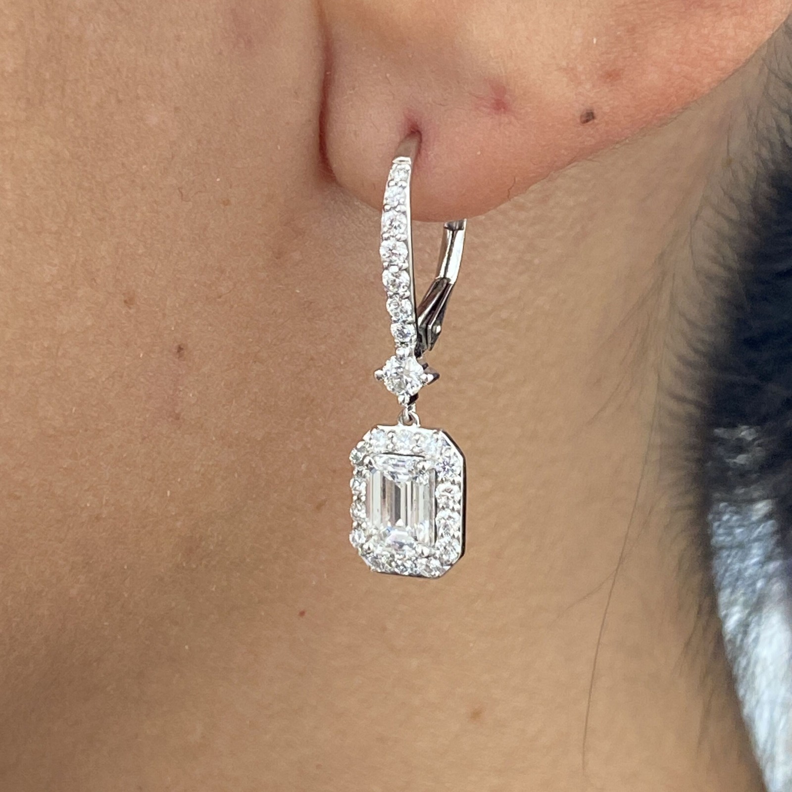 14K White Gold Dangle Earrings 2.3ct Emerald Cut Labcreated Diamond F/VS Gift