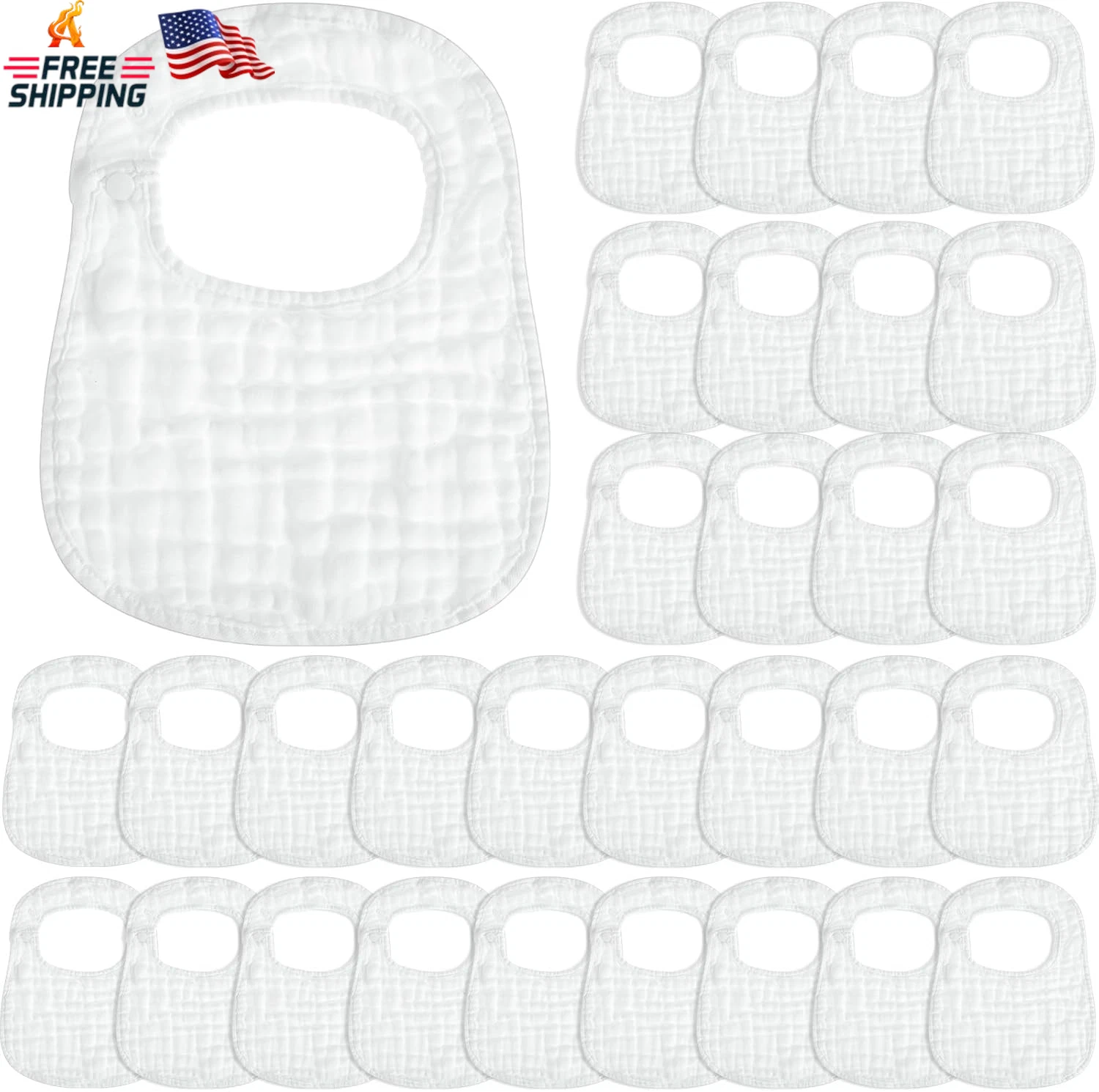 Reginary 30 Pack White Muslin Bibs Bulk for Boy Girl Muslin Baby Bibs Adjustable
