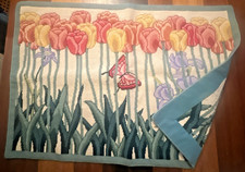 Large Finished Completed Wool Needlepoint 35x24 Field of Tulips Irises Butterfly