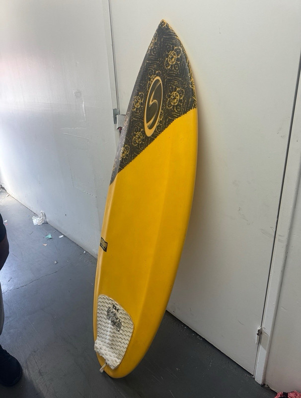 Used Surf Yellow Shortboard Surfboard w/ Black Patterned Nose & DK Traction Pad