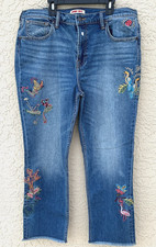 NWT Johnny Was Cropped Boyfriend Jeans Embroidered Boho Hippy 32 Waist