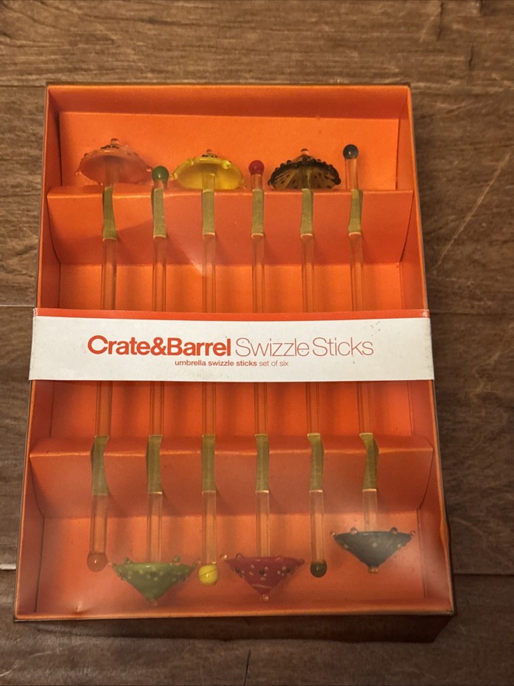 Vintage Crate & Barrel Glass Umbrella Swizzle Sticks 2002 Set Of 6 New