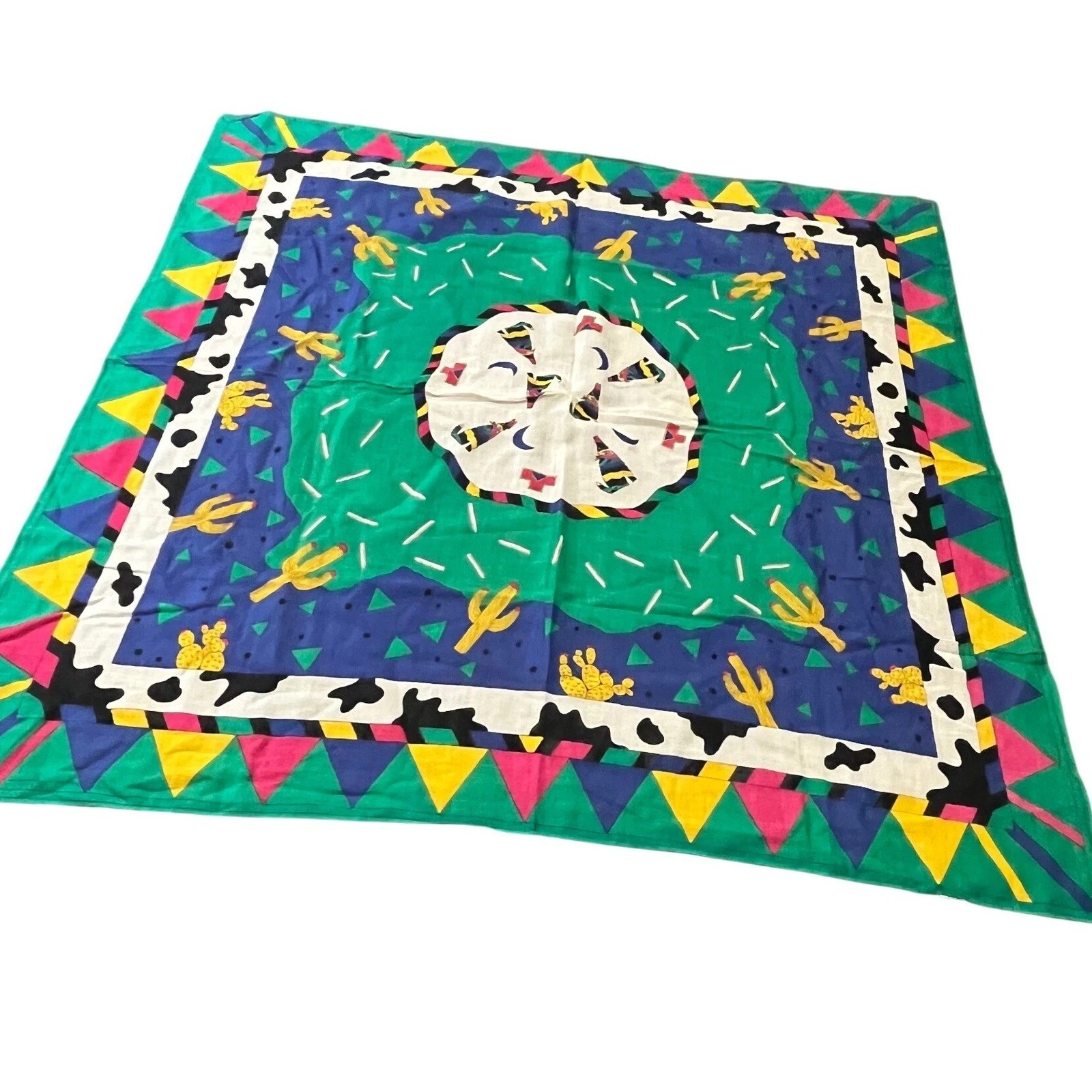Ginnie Johansen Scarf Womens 34" Green Cactus Cow Print Geometric 1989 Vintage