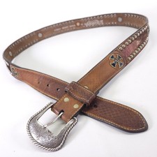 Nocona Leather Concho Belt 44 Cross Studded Haircalf Western Brown N2502244