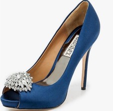 Badgley Mischka Navy Jeannie Satin Peep Toed Heels