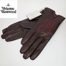 Vivienne Westwood Leather Gloves Brown Red Stitch Women 20cm Tag NEW Japan