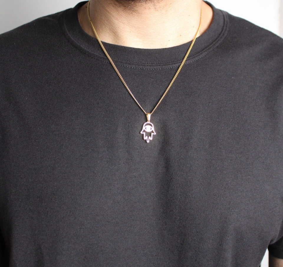 Gold Hamsa Evil Eye Pendant Chain Necklace Hand of Fatima Stainless Steel - Bild 3 von 4