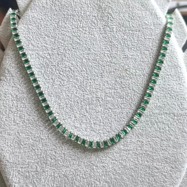 15.00Ct Baguette Cut Lab Created Emerald Tennis Necklace 14k White Gold Plated - Image 2 of 4