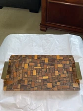 RARE HTF MID CENTURY MODERN INLAID WOODEN PLATTER/BRASS HANDLES 1960