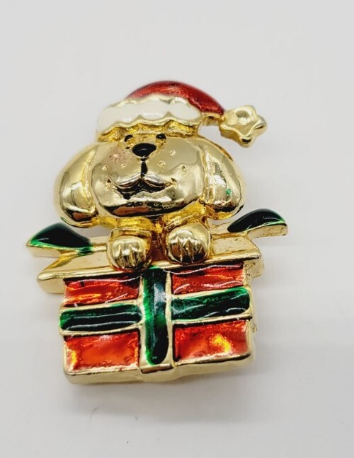 Gold Tone Enamel Puppy Dog Brooch in Gift Box Christmas Pin Present
