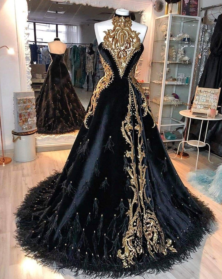 Elegant Black Wedding Dresses Gold Applique Ball Gown Beaded A