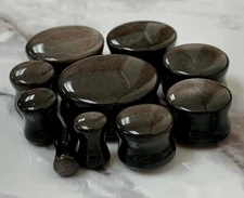 PAIR Silver Obsidian Natural Stone Double Flare Plugs Organic Earlets Gauges