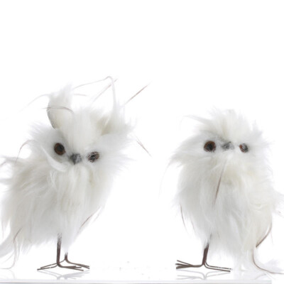 Pair of Small 4-1/2'' Tall White Fluffy Snowy Owl Friends with Amber Eyes