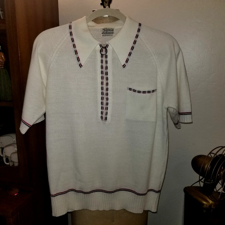 【archive】90s 2tone knit color line shirt VTG 90s TRADER BAY Polo Shirt Men M Red Black Stripe Knit