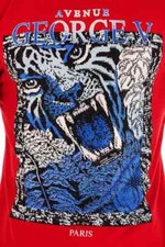 Avenue George V Paris T-Shirt Men's Red fitted Tee Lion Crystal Bling