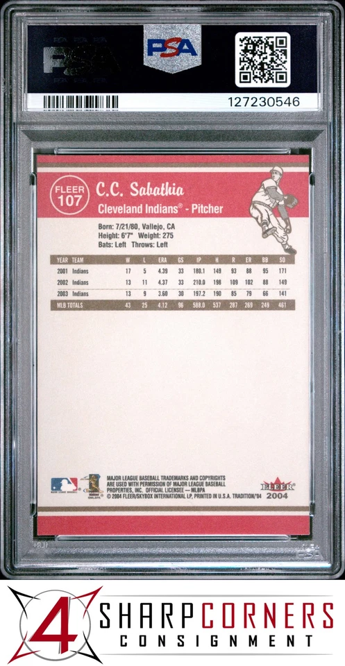 2004 FLEER TRADITION #107 C.C. SABATHIA INDIANS HOF POP 2 PSA 10 - Image 2 of 3