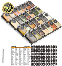 Spice Drawer Organizer with 28 Spice Jars, 386 Spice Labels, 4 Tier Seasoning Ra