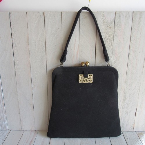 Vintage Woman's Handbag/Purse Black Classic 40's Wool Kisslock Top Handle - Picture 3 of 7