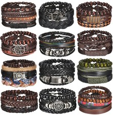 Leather Braided Wrap Bracelet Men Women Adjustable Rope Wood Bead Jewelry