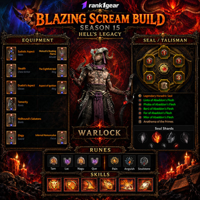 Diablo 4  Season 15  Blazing Scream Warlock Build Endgame  BEST BUILD S+ TIER