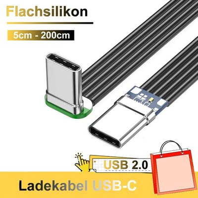 Ladekabel USB-C auf USB-C 2A Flachsilikon Winkel 90 Grad für DIY 5cm - 200cm