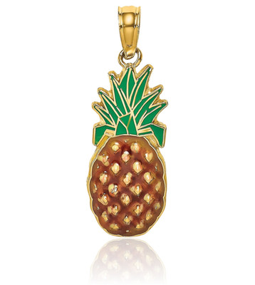 14K Solid Yellow Gold Small Enamel Hawaiian Pineapple Pendant Necklace 18.5mm