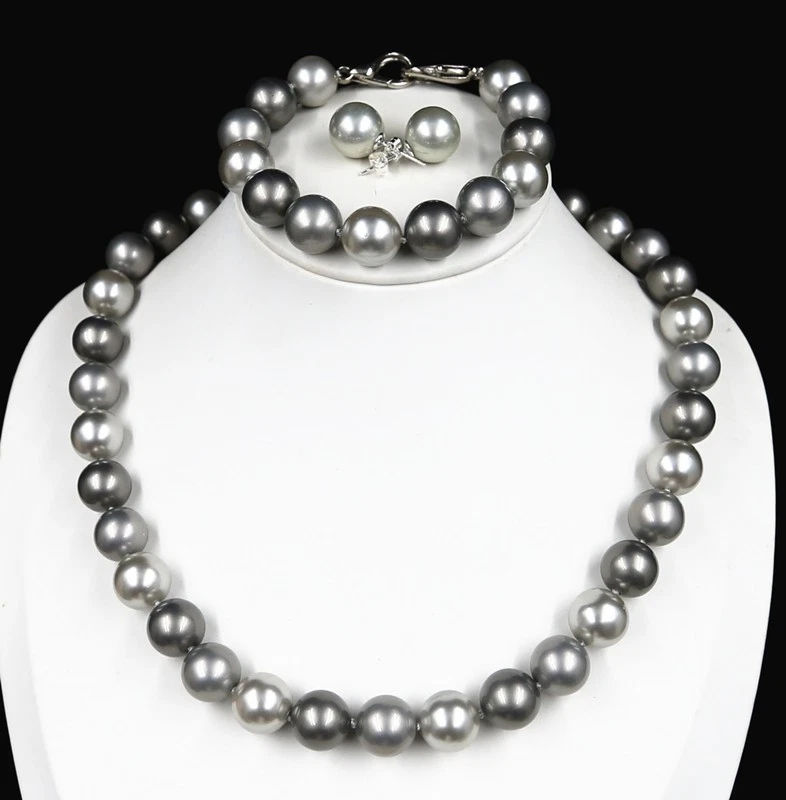 12 mm South Sea Grey Color M326 shell orb pearl NECKLACE 18"8"+Stud - Picture 1 of 5