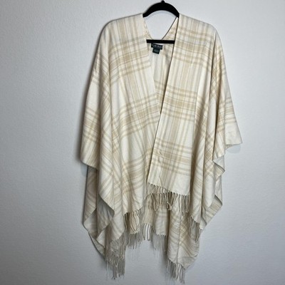 Lauren Ralph Lauren Poncho Womens One Size White Plaid Fringe Ruana Cape