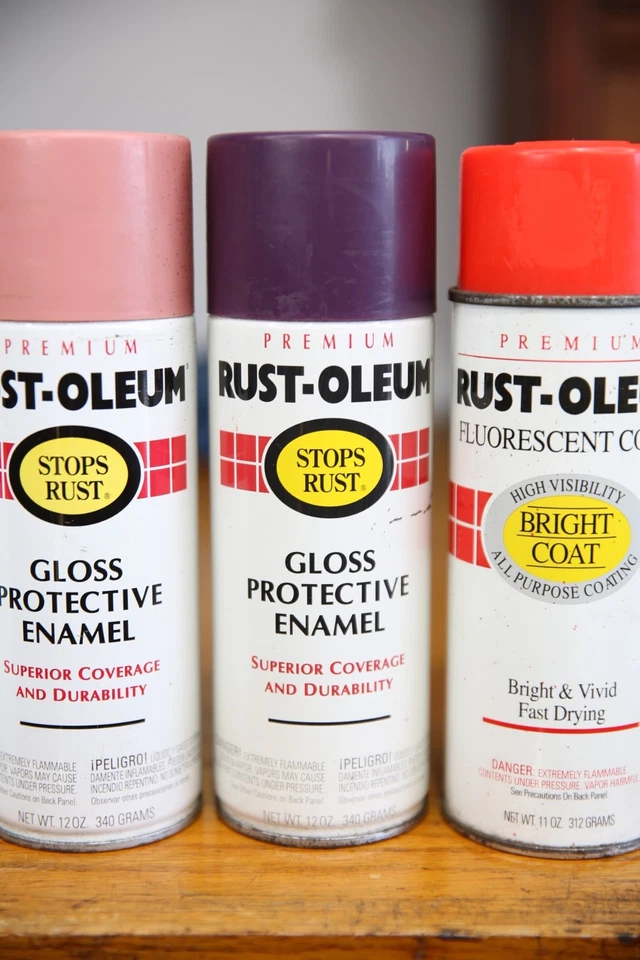 Lote de colección de latas de pintura en aerosol Rust-Oleum rosa rojo púrpura años 90 Foto 3 de 4