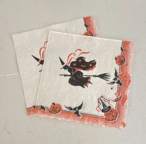 2 VTG crepe paper Halloween napkins 1950s? Never used orange black witch scallop
