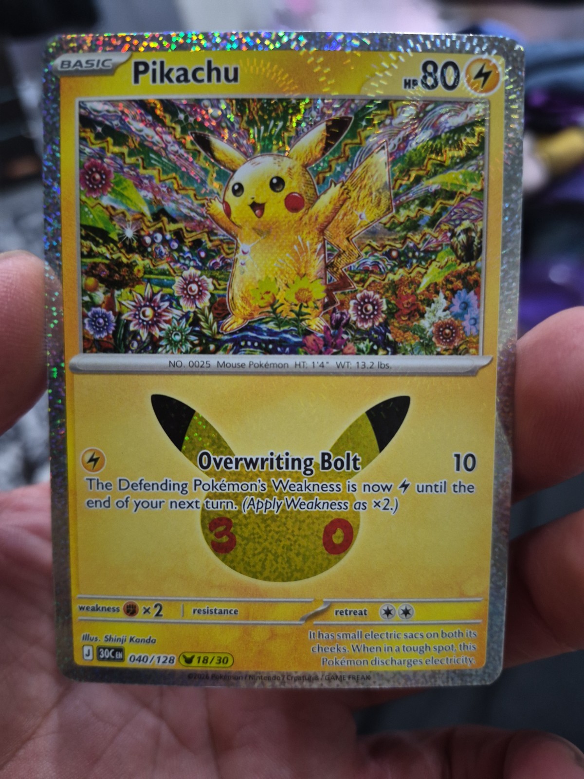 30th Anniversary Pikachu 040/128 (18/30) - Shinji Kanda artwork - Near Mint