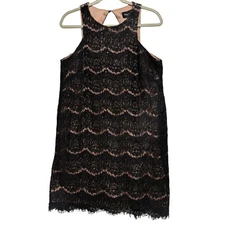 Black Mini Sheath Lace Overlay Blush Lined Dress Sz 8 cocktail keyhole goth chic