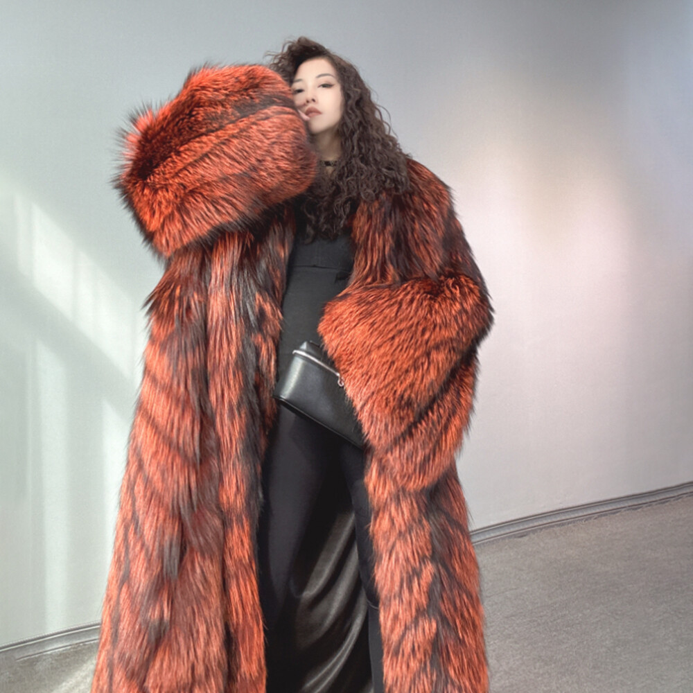 Glamorous Women Winter Genuine Silver Fox Fur Coat Lapel Real Fur