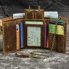 Men's Leather Tri-fold Vintage Biker Chain Wallet With Snap Closur CARD Holder A