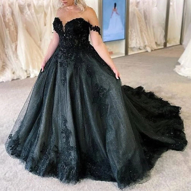 Gothic Black Wedding Dresses Off Shoulder Lace Glitter Sweep Train Bridal Gown - Image 2 of 4