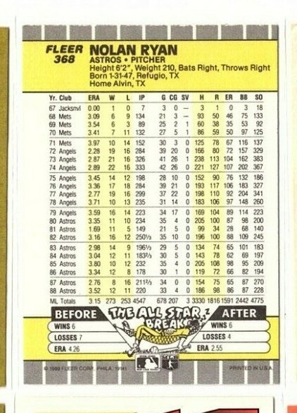 1989 Fleer NOLAN RYAN Baseball Card #368 Houston Astros Baseball