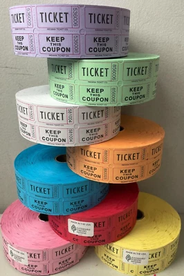 INDIANA TICKET COMPANY Raffle Tickets 12 Roll Deal 2000 Double Stub Per Roll Split The Pot or 50/50