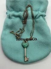 Authentic Tiffany  Co. Blue Enamel Heart Key Pendant Charm Silver  Chain