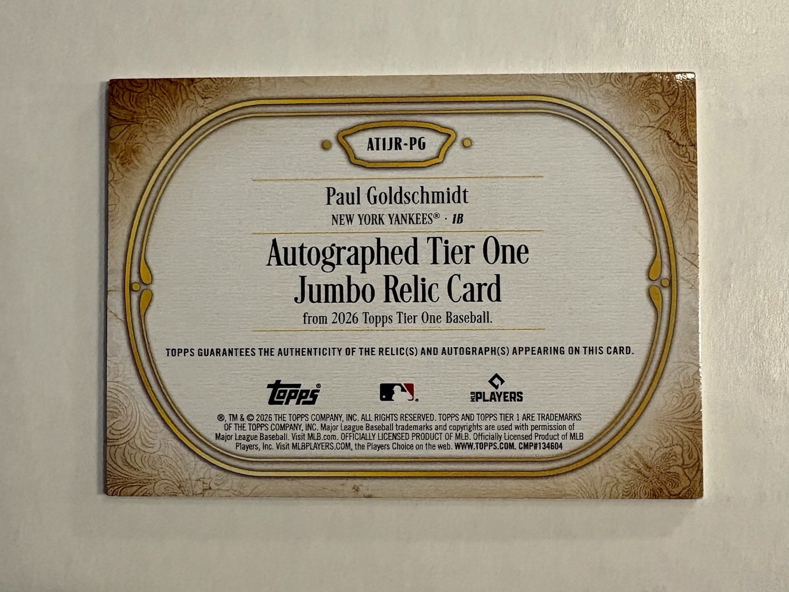 2026 Topps Tier One Paul Goldschmidt Auto Patch Relic #33/99 Yankees Game Used view 2
