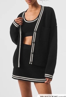 Alo Tennis Club Sweater Knit Cardigan Black White Trim Long Sleeve