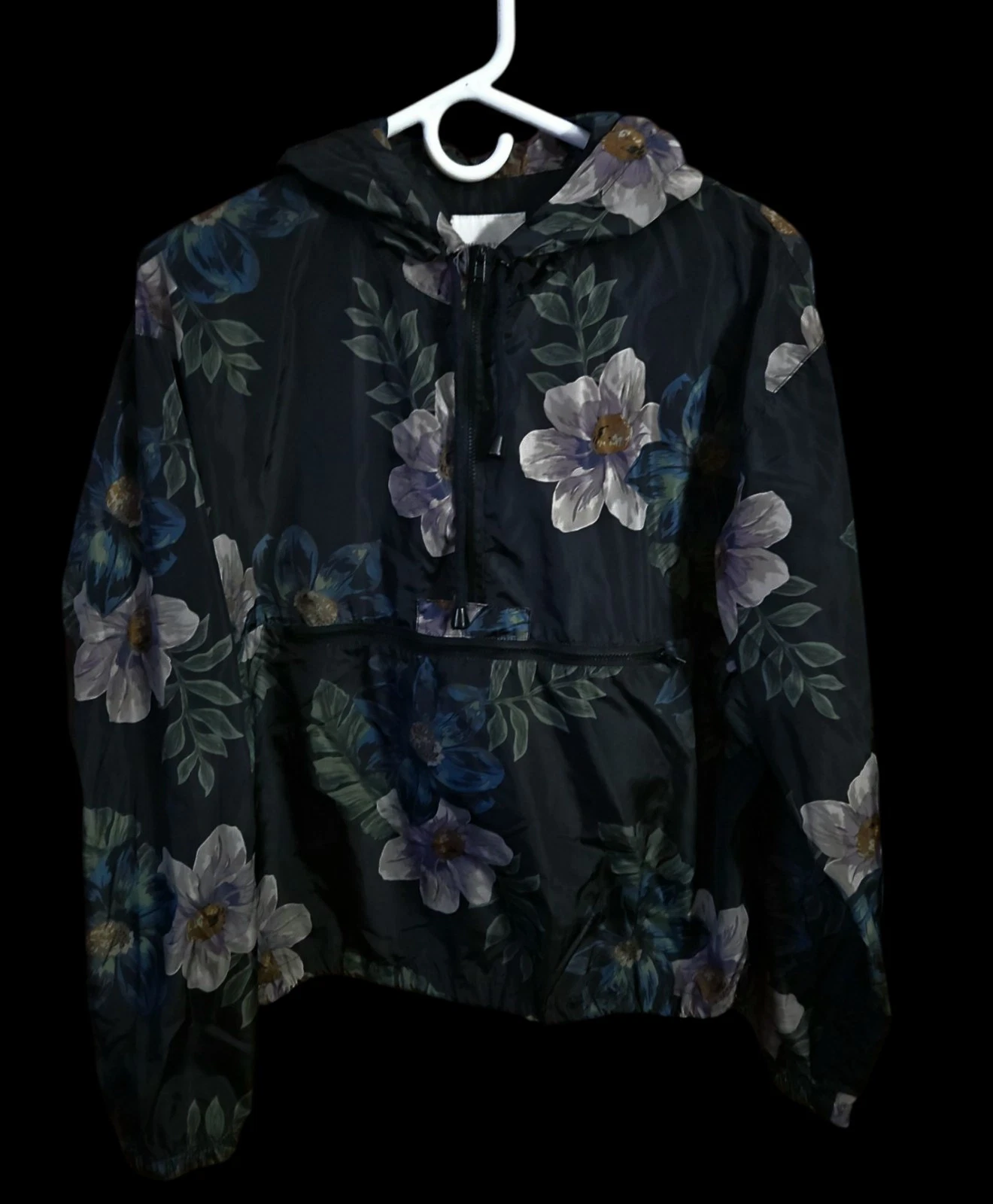 Thread Supply Windbreaker Women Size S Black Floral Pocket Hoodie Anorak Jacket