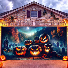 Halloween Garage Door Cover, Scary Pumpkin and Cemetery