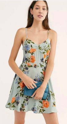 Free People Never Be Mine Slip For & Flare Adj Strap Smocked Baby Blue S Dress
