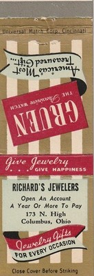 Unstruck Matchbook Cover - Richard's Jewelers Columbus Ohio - Gruen Curvex Watch
