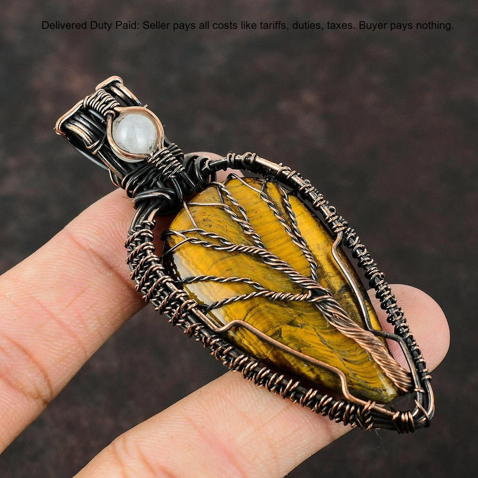 Christmas Deal Natural Tiger's Eye Rainbow Moonstone Tree Of Life Pendant Copper - Image 3 of 4