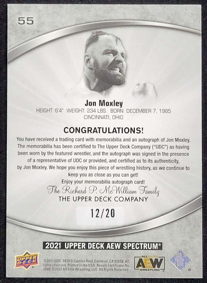 2021 UPPER DECK AEW SPECTRUM JON MOXLEY RELIC AUTO #D 12/20 ALL ELITE WRESTLING - Image 2 of 2