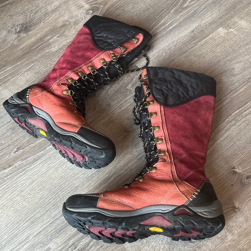 Ahnu Winter Hiking Tall Waterproof Boots Red Leather Black Women 8.5 UK7 EU 39.5 - Picture 2 of 13