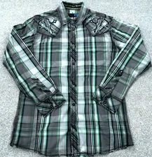 Roar Shirt Men Large Gray Green Button Up Rockabilly Western Yoke Cross Punk MMA
