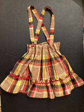 Vintage 1950s Little Girls Plaid Ruffled Smocked Skirt  straps see measurements