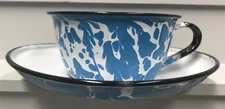 Vintage Blue and White Swirl Graniteware Cup and Saucer Old Original